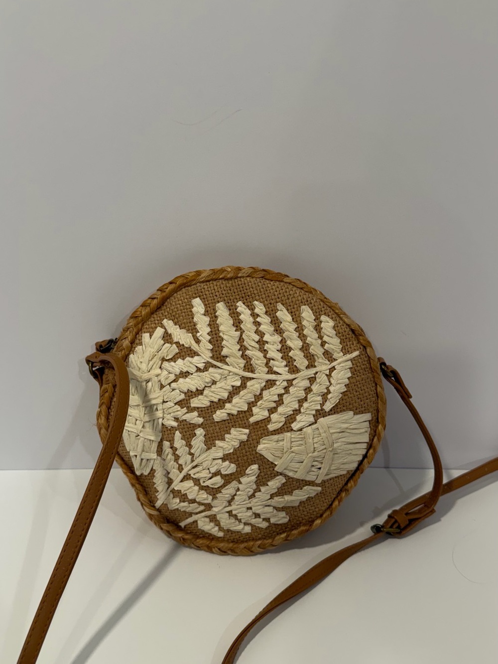 Antik Kraft Woven Crossbody Bag with White Leaf Embroidery - Brown